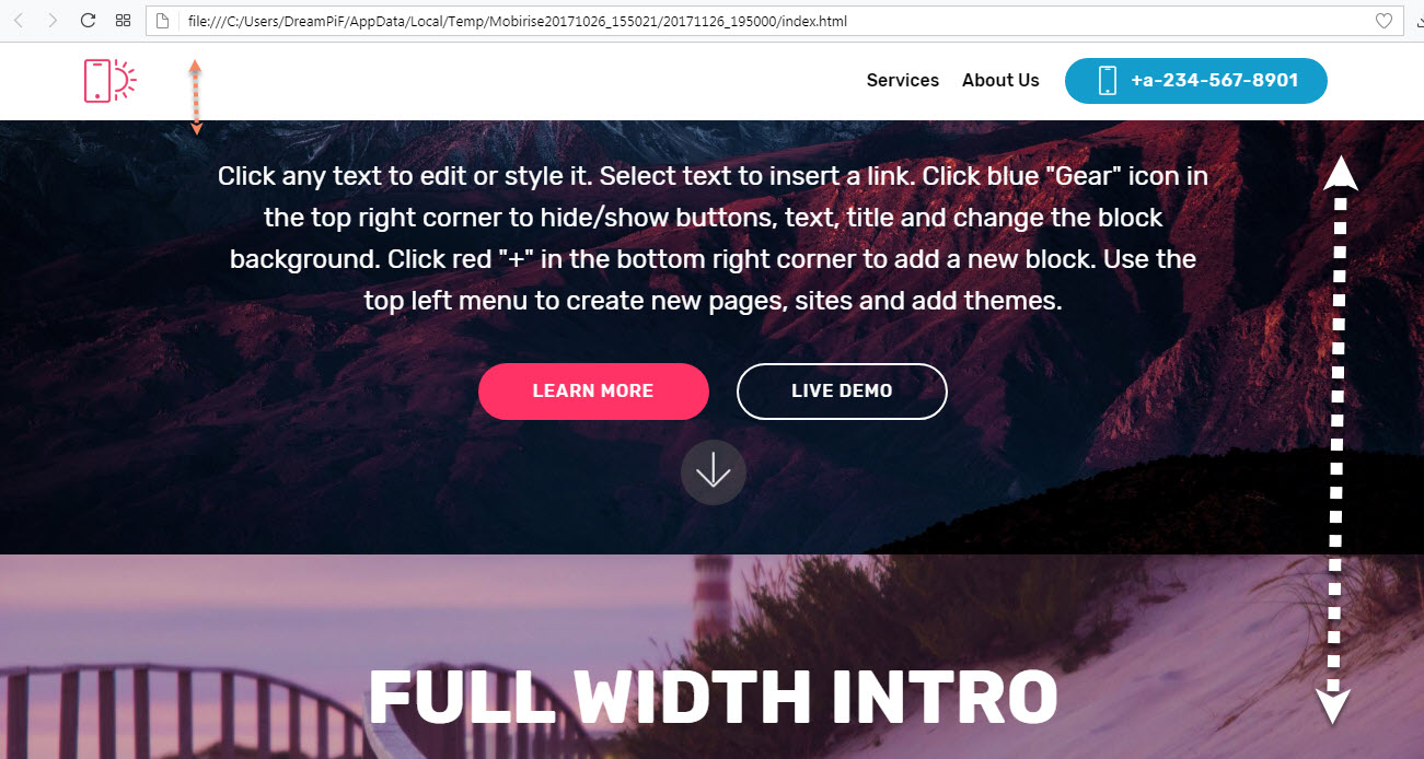 This is easily achievable in Mobirise Builder – we just need to use a full screen Header block and two little scripts you can get from here and just copy / paste in the page's head and end of body sections (Code Editor Extension needed)
So finally the page will load with no navigation visible like this: And when user scrolls down the navbar gracefully slides down so the navigation gets accessible It's really easy and actually – fun and takes just three steps: Make sure you have the Sticky option of your navbar turned on – this will make it always appear on the top of the page when the user scrolls it down Copy this snippet &lt;style&gt;
.navbar-fixed-top {
top:-70px;
opacity:0;
}
&lt;/style&gt; And paste it in Inside page's head section in the Page Settings dialog Finally take this snippet &lt;script&gt; /*---------------------------------------*/ /*	NAVIGATION AND NAVIGATION VISIBLE ON SCROLL /*---------------------------------------*/
$( window ).on( "load", function() { mainNav(); $(window).scroll(function() { mainNav(); }); function mainNav() { var top = (document.documentElement && document.documentElement.scrollTop) || document.body.scrollTop; if (top &gt; 40) $('.navbar-fixed-top').stop().animate({ "opacity": '1', "top": '0' }); else $('.navbar-fixed-top').stop().animate({ "top": '-70', "opacity": '0' }); } });
&lt;/script&gt; and paste it in the page's End of body section – again in Page settings dialog a bit lower: That's basically it – you're done!